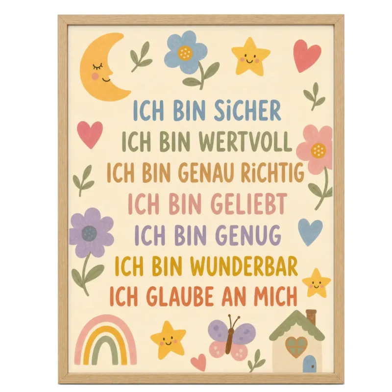 Affirmationsposter Kinderzimmer Blumenwiese Ich bin sicher, im Mädchenzimmer