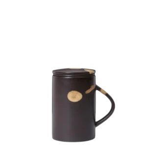 Koyo Tea Mug with Infuser Set in dark brown/buff with lid on and spotted glaze