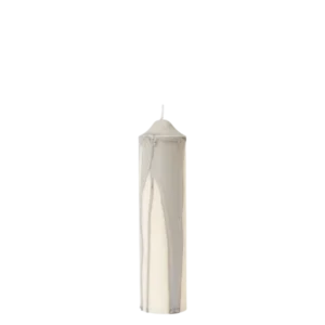 Dryp Pillar Candle in warm grey, small, with dripped colour over an off-white pillar