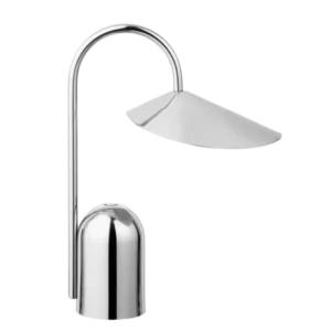 Arum Portable Lamp in stainless steel with curved arm and leaf-shaped shade
