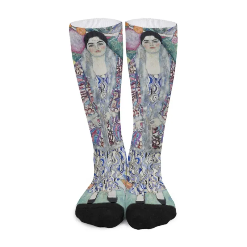 Friederike Maria Beer by Gustav Klimt unisex long art socks shown as a complete pair with the artwork divided across both socks