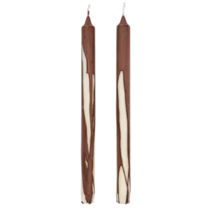 Dryp Candles in dark chocolate, set of 2 tapers with dripped colour over off-white