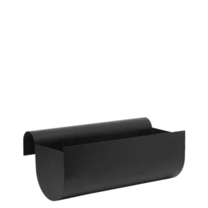 Uma Balcony Box in black, medium, curved open planter with hanging lip