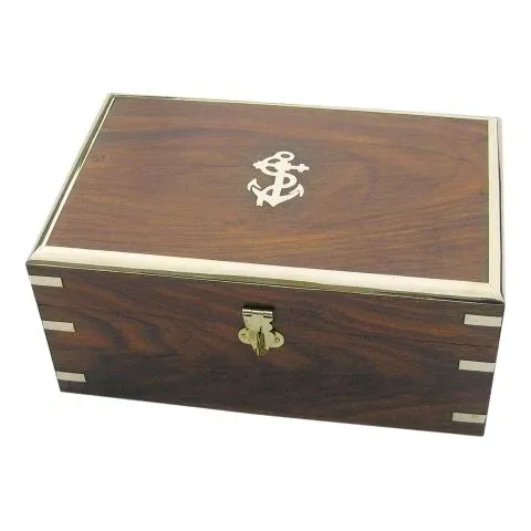 Holzbox mit Anker und Messingdeckel – große maritime Aufbewahrungsbox aus Holz