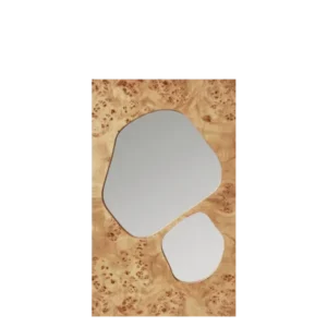Folia Mirror in natural burl with two asymmetrical leaf-shaped mirror inlays