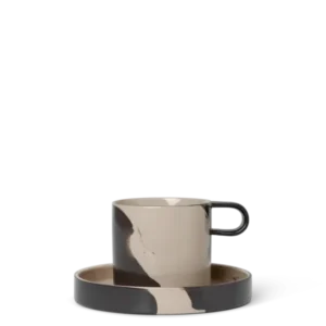 Inlay Cup with Saucer in sand/brown with marbled two-tone stoneware pattern