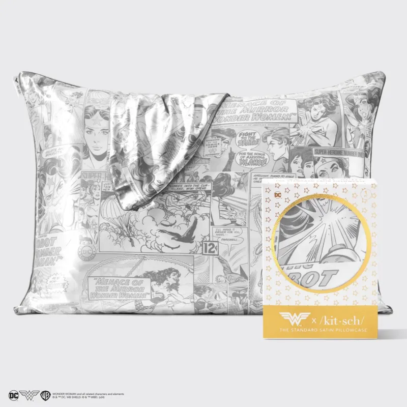 Kitsch x Wonder Woman Satin Pillowcase in Comic Print with packaging on a light gray background