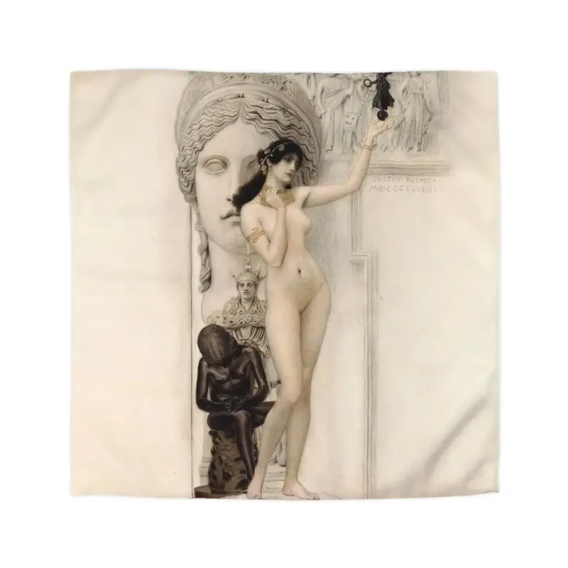 Allegory of Sculpture by Gustav Klimt duvet cover set laid flat with the artwork composition and neutral tones
