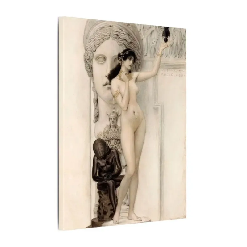 Angled side view of Allegory of Sculpture by Gustav Klimt printed canvas showing the female personification and classical statues