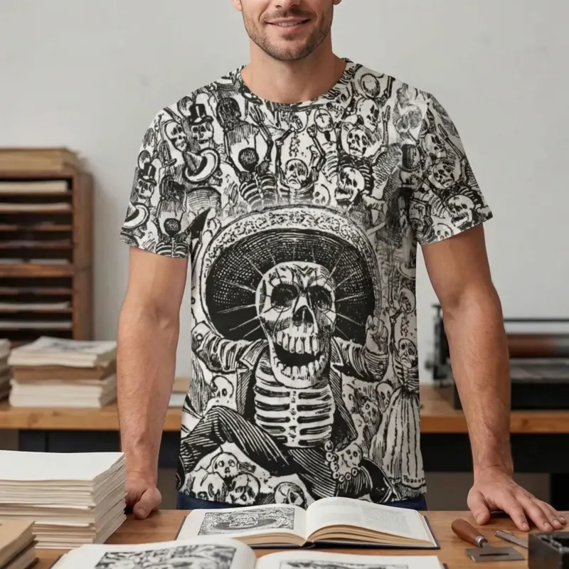 Model standing with an open book while wearing Calaveras of José Guadalupe Posada T-shirt, front view
