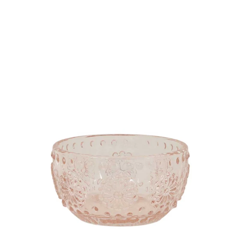 Ein kleiner, runder, hellrosa Teelichthalter aus Glas von Chic Antique mit geprägtem Blumen- und Punktmuster, Vintage Rosa Ø8 cm.