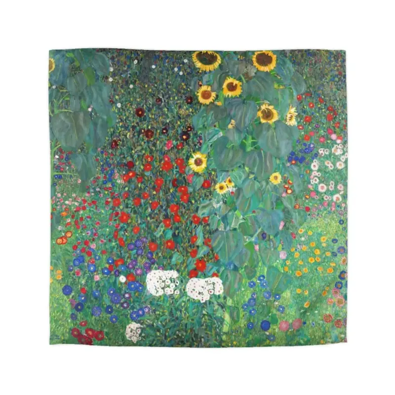 Farm Garden with Sunflowers by Gustav Klimt duvet cover set laid flat with the dense garden composition with sunflowers and colorful flowers