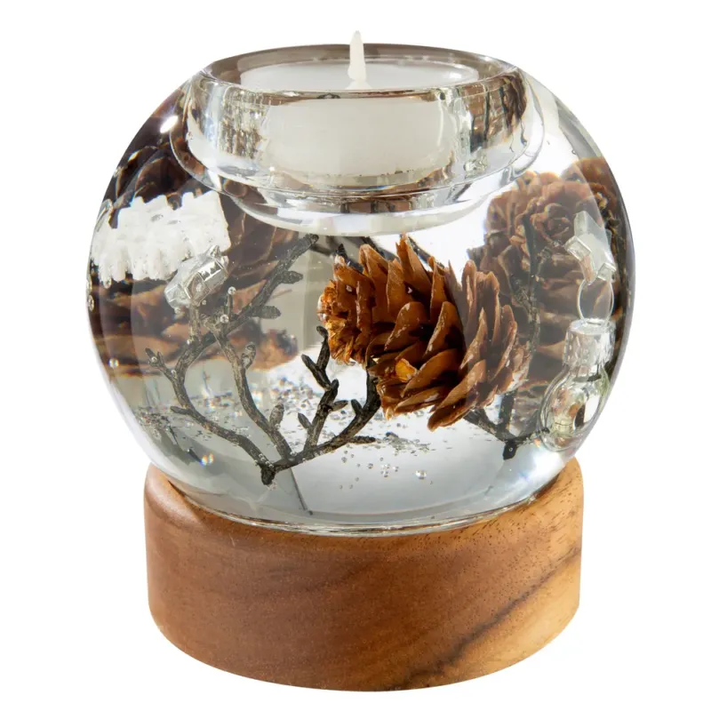 Gilde - Dreamlight Teelichtleuchter Mercur auf Holzbase "Winter Story"