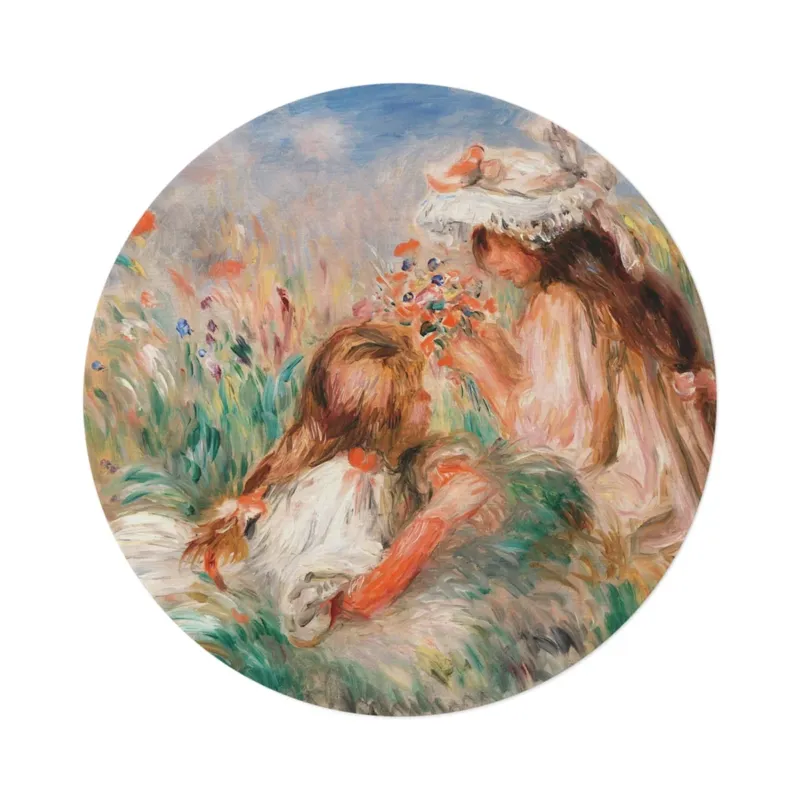 Girls in the Grass Arranging a Bouquet round mat, top view on white background