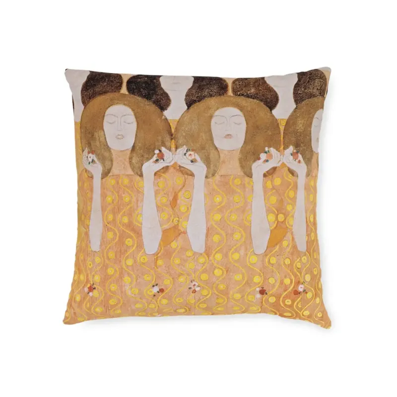 Beethoven Frieze pillow inspired by Gustav Klimt Vienna Secession mural design on clean background