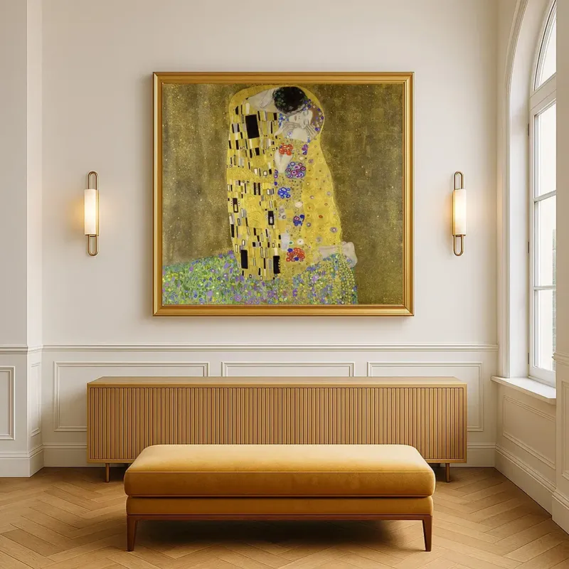 Gustav Klimt The Kiss canvas poster styled in a gold frame mockup above a bench