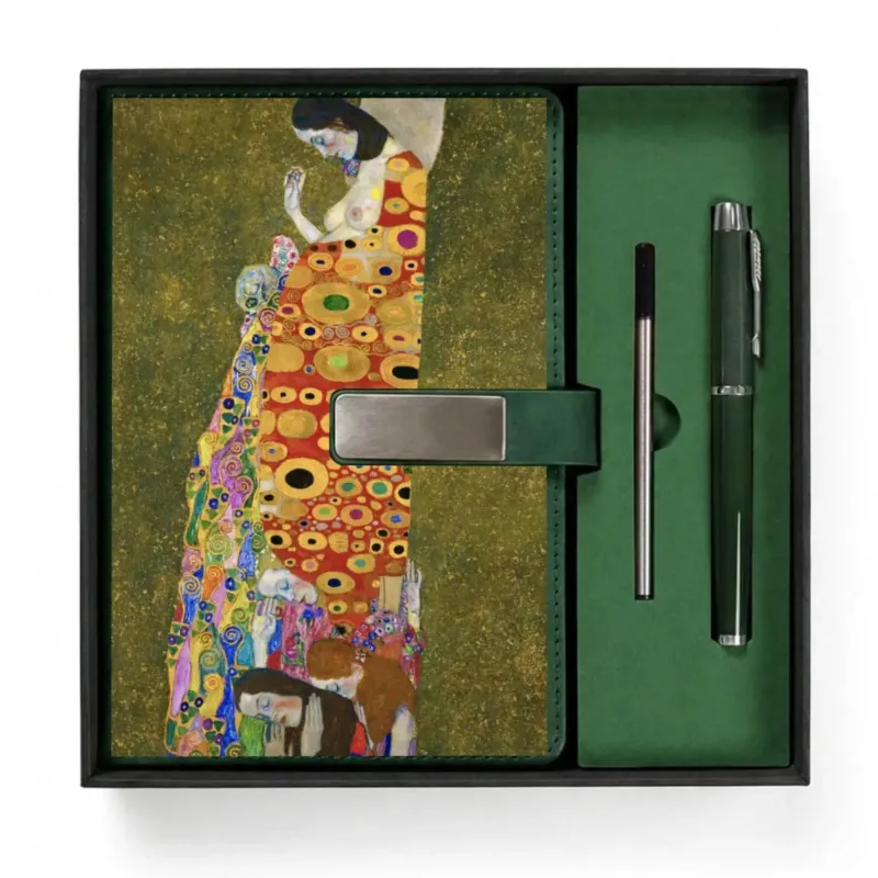 Open presentation box with the Dark Green Hope II by Gustav Klimt notebook and matching refillable metal pen, gallery view 1