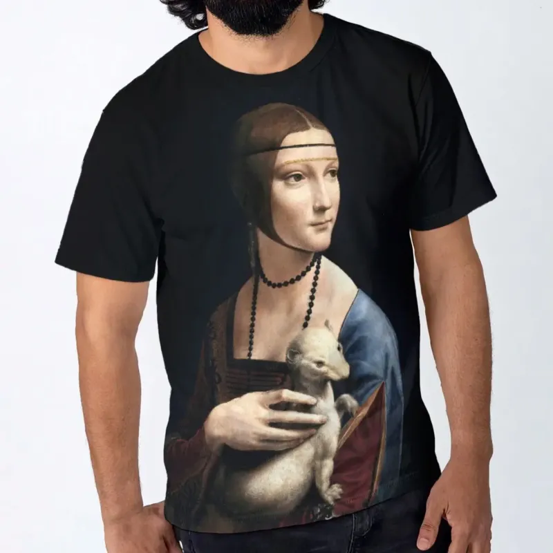 Front studio view of a model wearing a Lady with an Ermine by Leonardo da Vinci art T-shirt