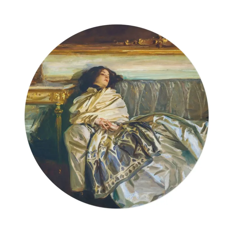 Nonchaloir (Repose) round mat by John Singer Sargent, top view on white background