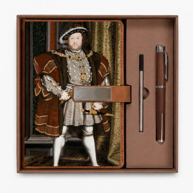 Brown buckle notebook featuring the full-length Portrait of Henry VIII with coordinated brown pen and refill inside a clean presentation box