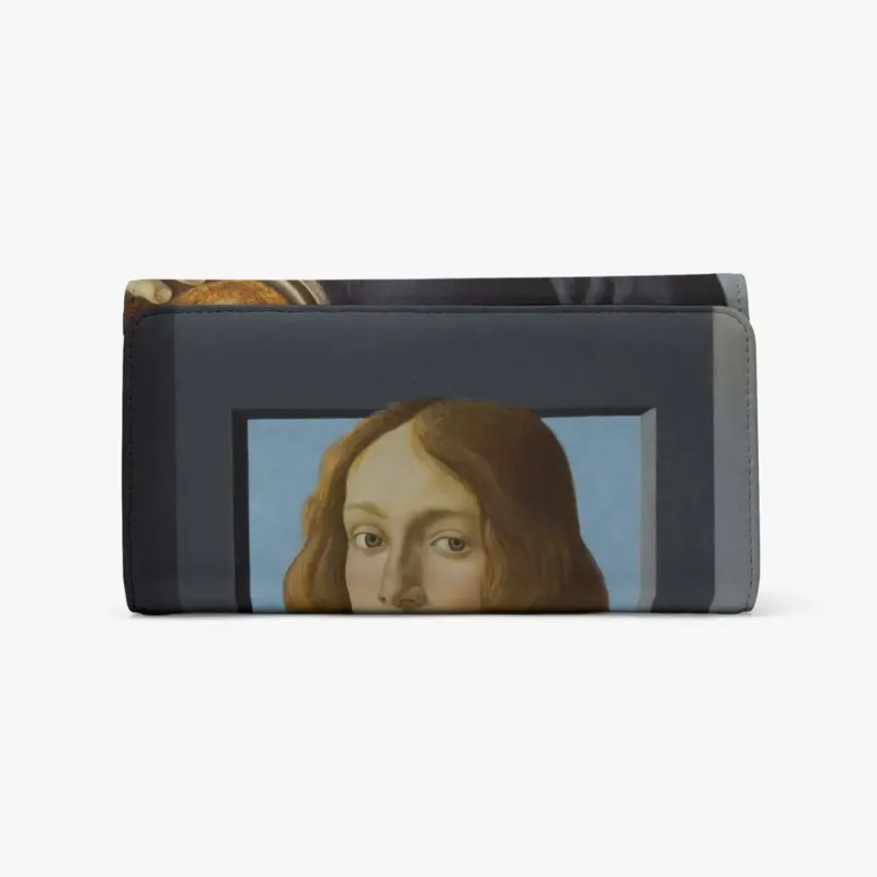 Front of Portrait of a Young Man Holding a Roundel Long Flap Wallet showing Botticelli's young man with long hair against a pale blue background