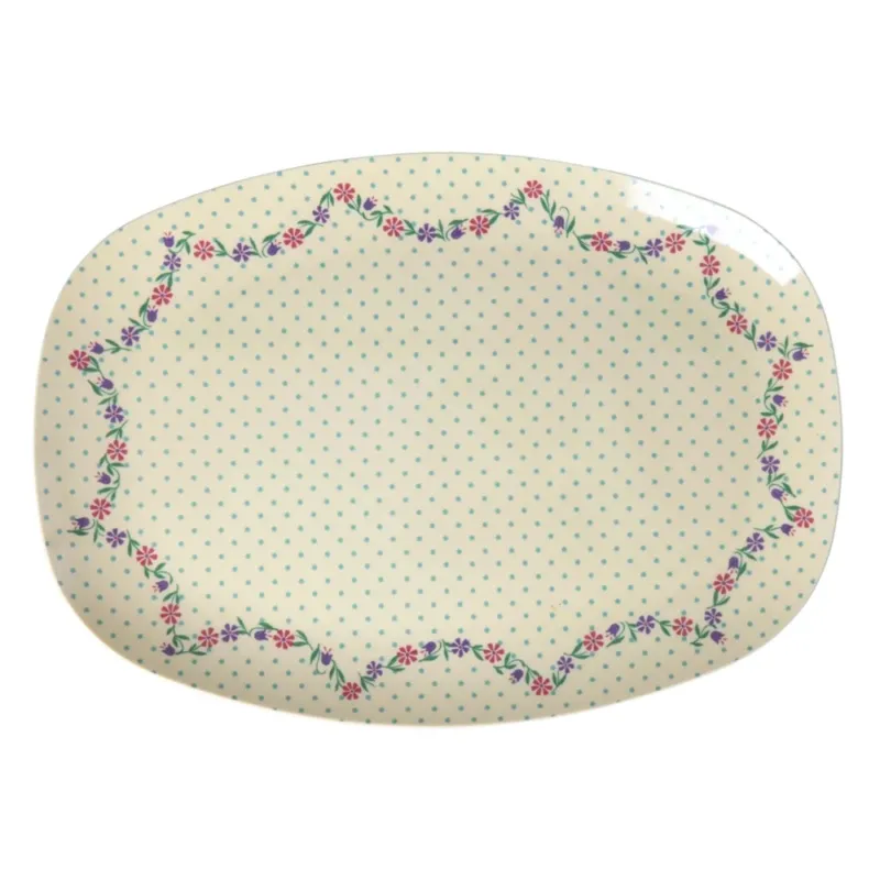 Rice - Rechteckiger Melamin Teller Crème Dots and Flowers