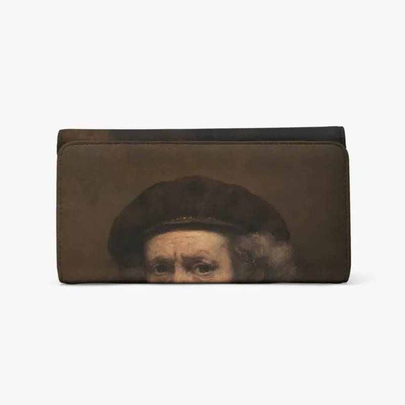Front of Self-Portrait, 1659 Long Flap Wallet showing Rembrandt's eyes, cap and softly lit forehead against a dark background