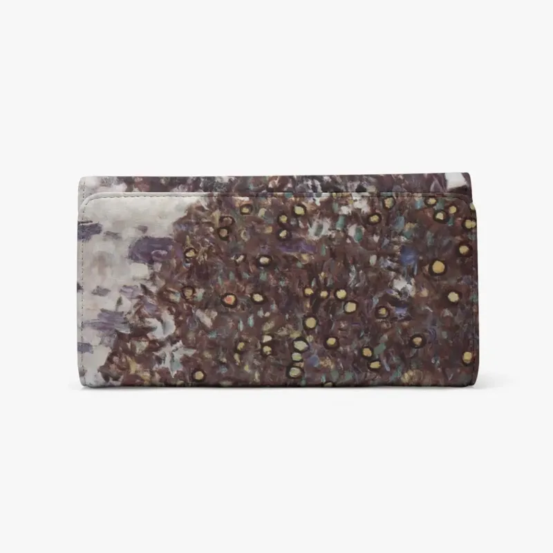 The Apple Tree Long Flap Wallet by Gustav Klimt, front view showing pale tree detail, dense brown foliage and small yellow fruit-like accents