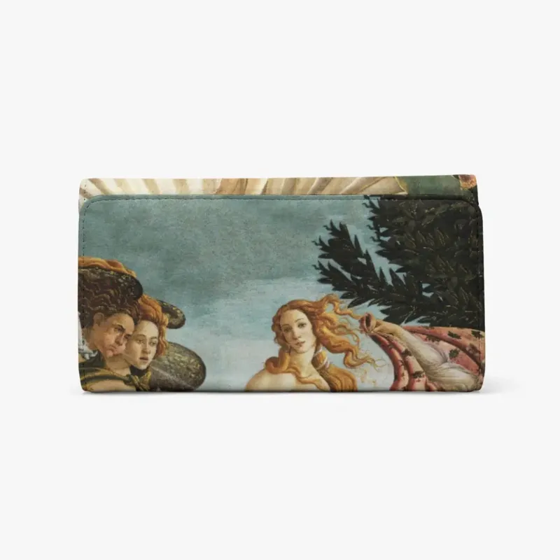 Front of The Birth of Venus Long Flap Wallet showing Venus with flowing hair beside the wind figures and floral cloak