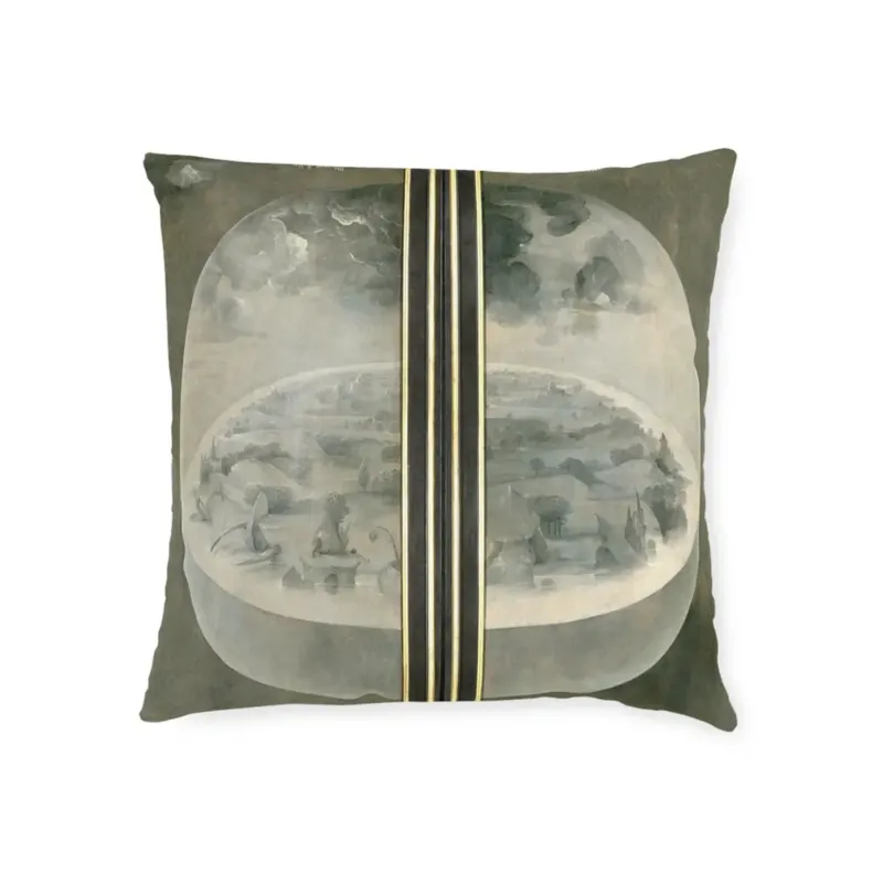 The Creation of the World pillow inspired by Hieronymus Bosch in monochrome grisaille style