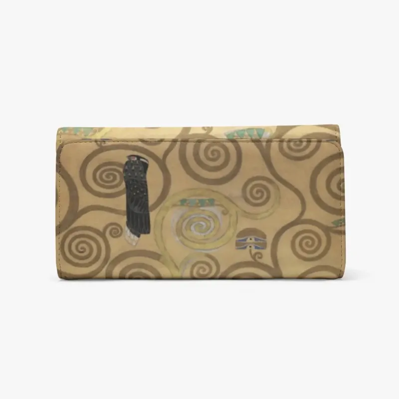 Tree of Life Part 5 Long Flap Wallet by Gustav Klimt, front view showing golden spiral motifs and a standing dark figure