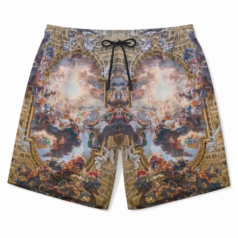 Triumph of the Name of Jesus men’s beach shorts front view with Baroque fresco artwork print on white background.