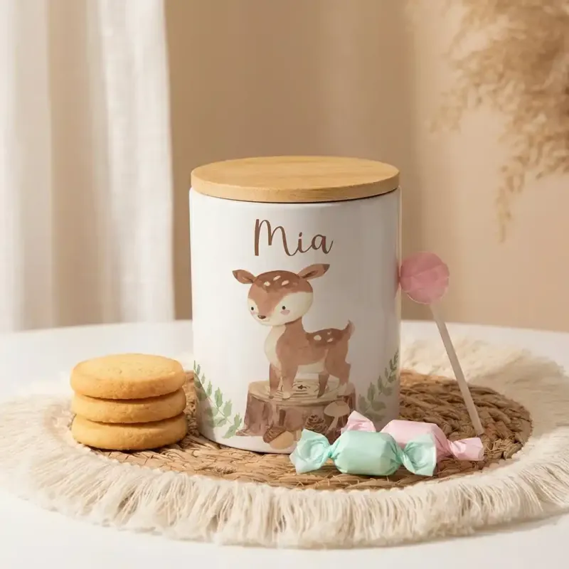 Personalisierte Keksdose Rehkitz Wald aus Keramik mit Bambusdeckel - Wunschname - Kidsmood.de