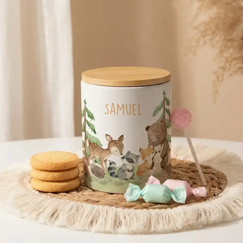 Personalisierte Keksdose Waldfreunde III aus Keramik mit Bambusdeckel - Wunschname - Kidsmood.de