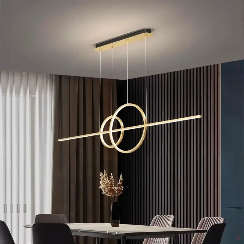 Modern minimalist LED pendant light with dual circle design over contemporary dining table