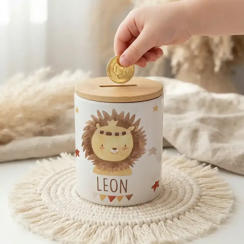 Personalisierte Spardose Löwe Boho – Keramik & Bambus mit Wunschname