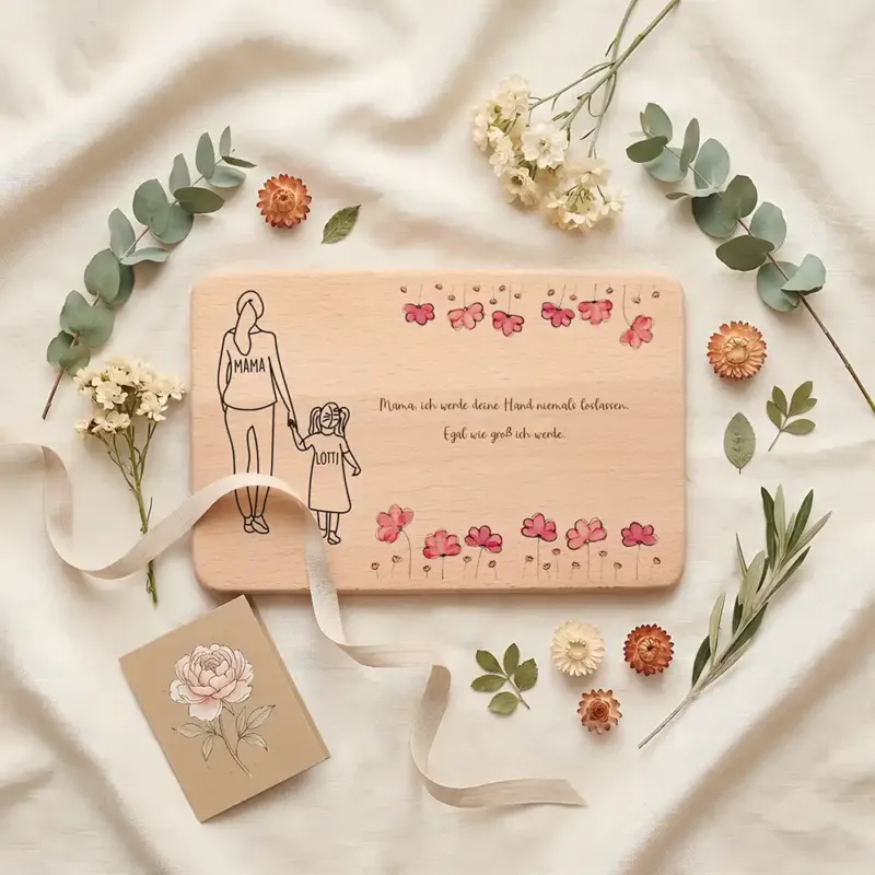Personalisiertes Frühstücksbrettchen Muttertag Mama & Tochter Mohnblumen – Geschenkszene auf gedecktem Tisch