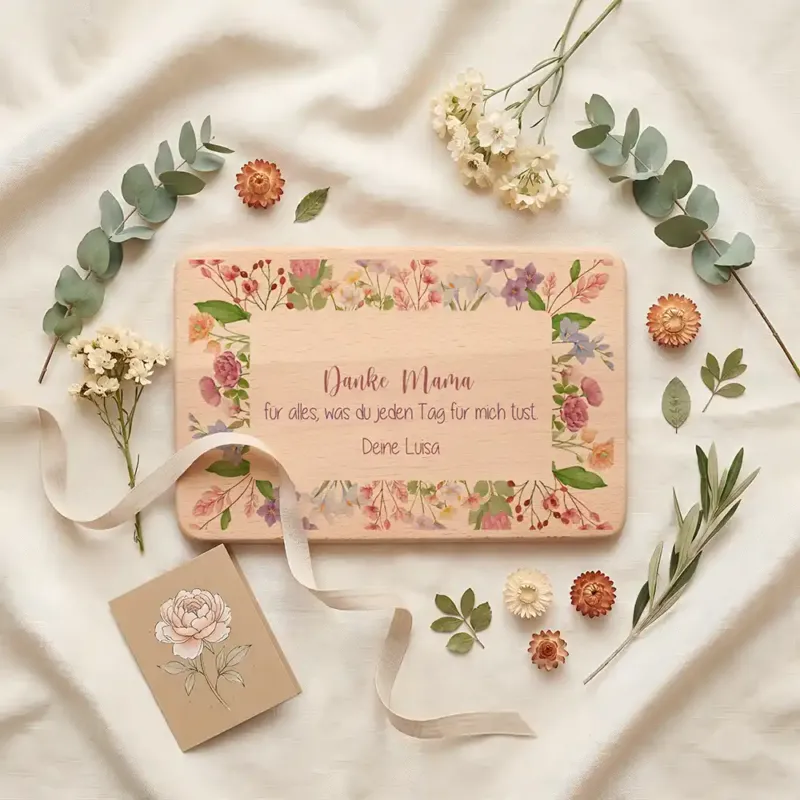 Personalisiertes Frühstücksbrettchen Muttertag Danke Mama Blütenrahmen – Geschenkszene auf gedecktem Tisch