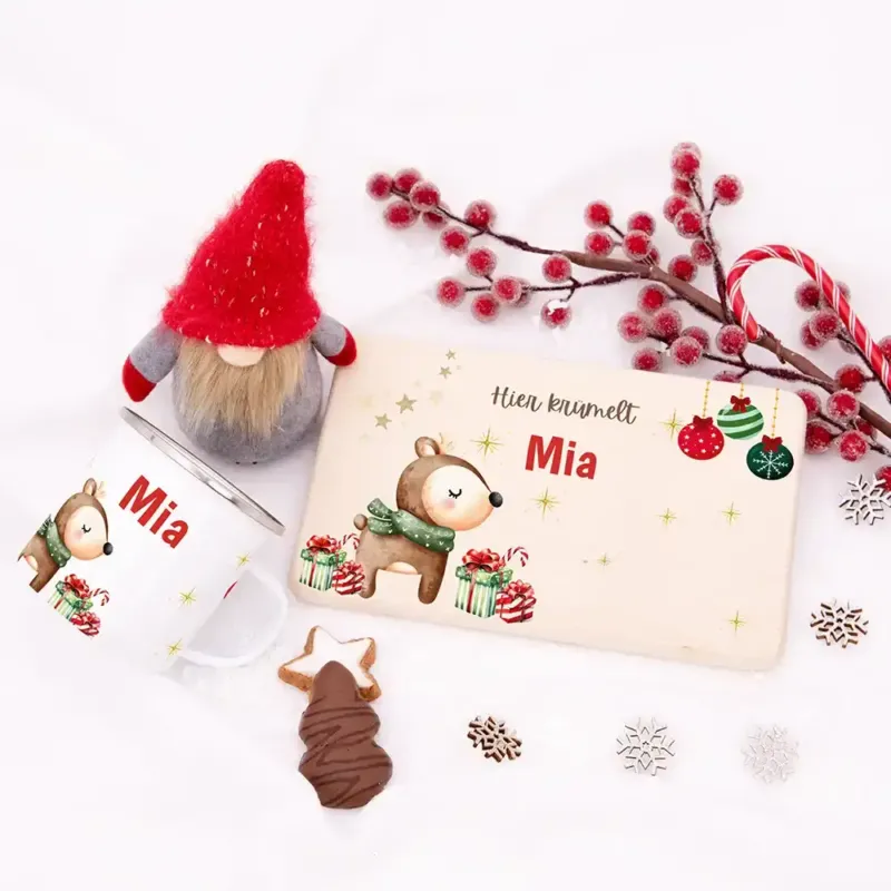 Weihnachts-Set Frühstücksbrettchen + Emaille Tasse - Baby Reh Motiv