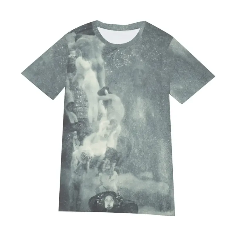 Philosophy by Gustav Klimt T-shirt with muted blue-gray artwork printed across the front
