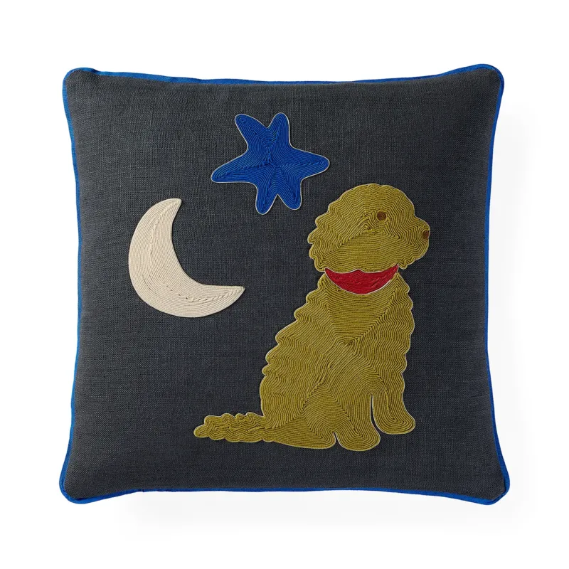 Jonathan Adler Kissen Playa Doodle aus schwarzem Leinen mit Kordelstickerei, Vorderansicht