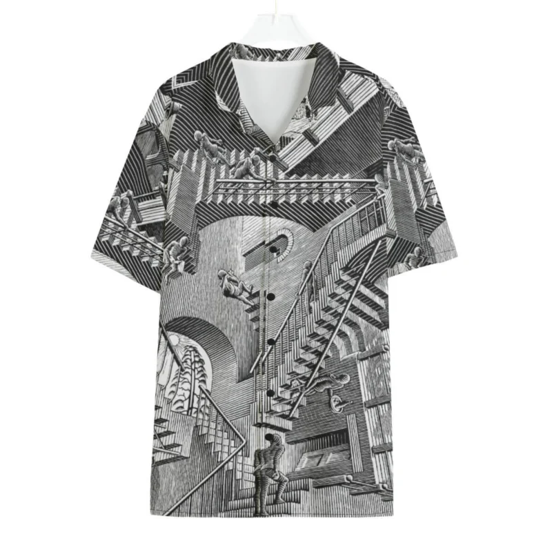 M.C. Escher's Relativity optical illusion on vibrant Hawaiian shirt