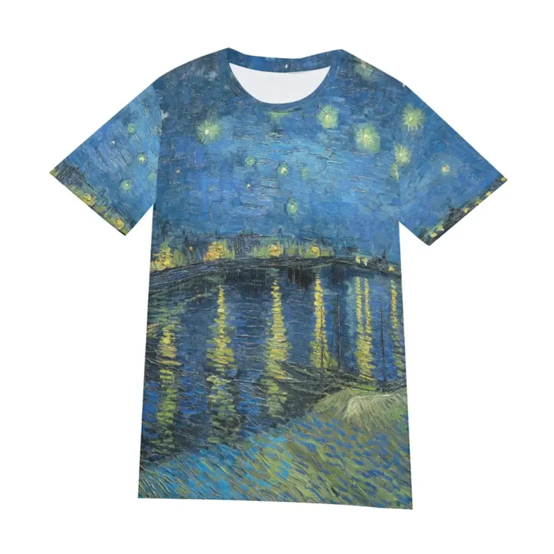 Van Gogh Starry Night Over the Rhone cotton T-shirt with blue night sky and river reflection print