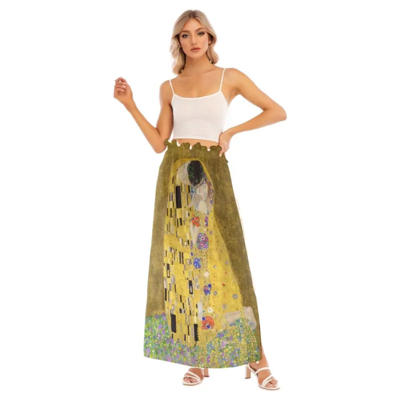 Model wearing The Kiss by Gustav Klimt side-slit maxi skirt with elastic waistband