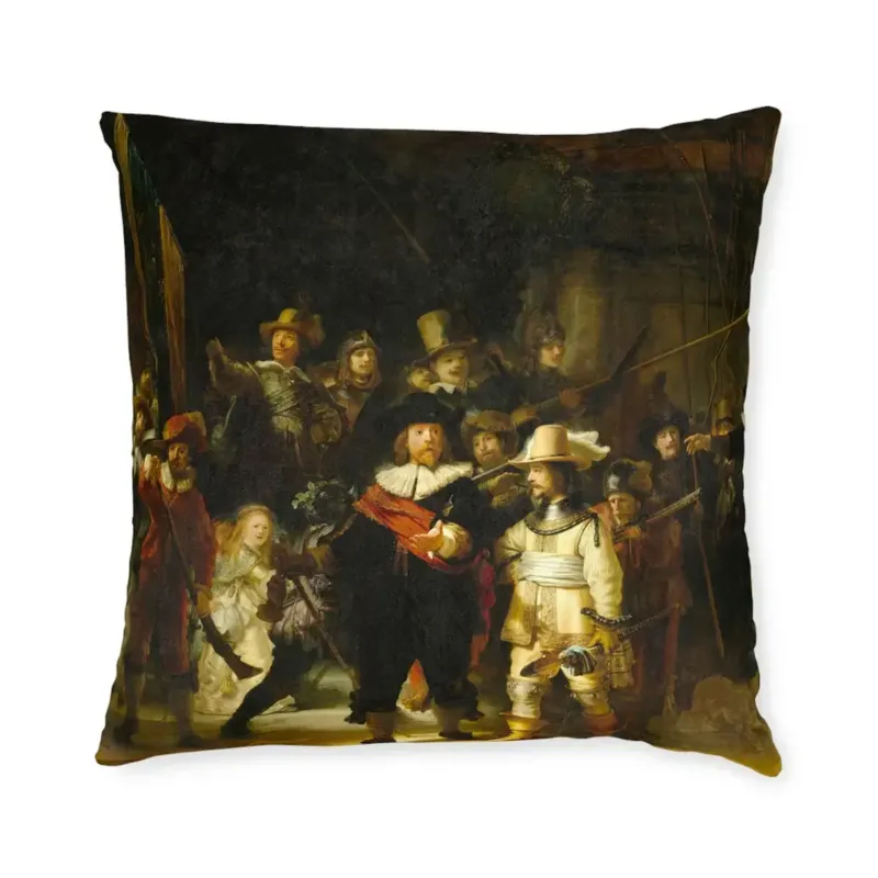 The Night Watch by Rembrandt art pillow featuring Dutch Golden Age militia group portrait with dramatic lighting