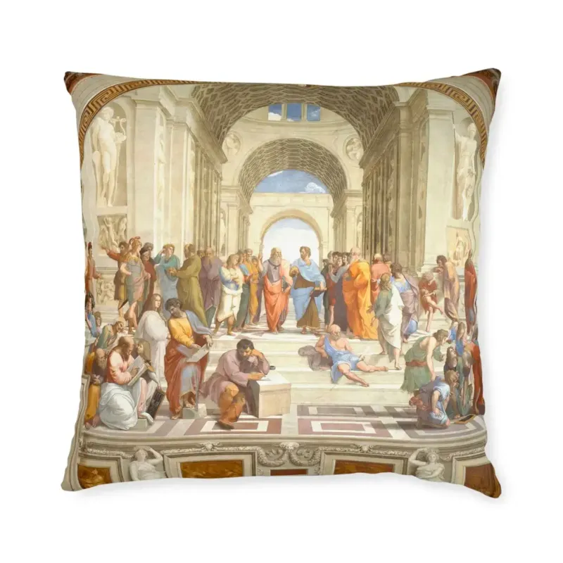 School of Athens by Raphael art pillow featuring classical philosophers in Renaissance architectural setting