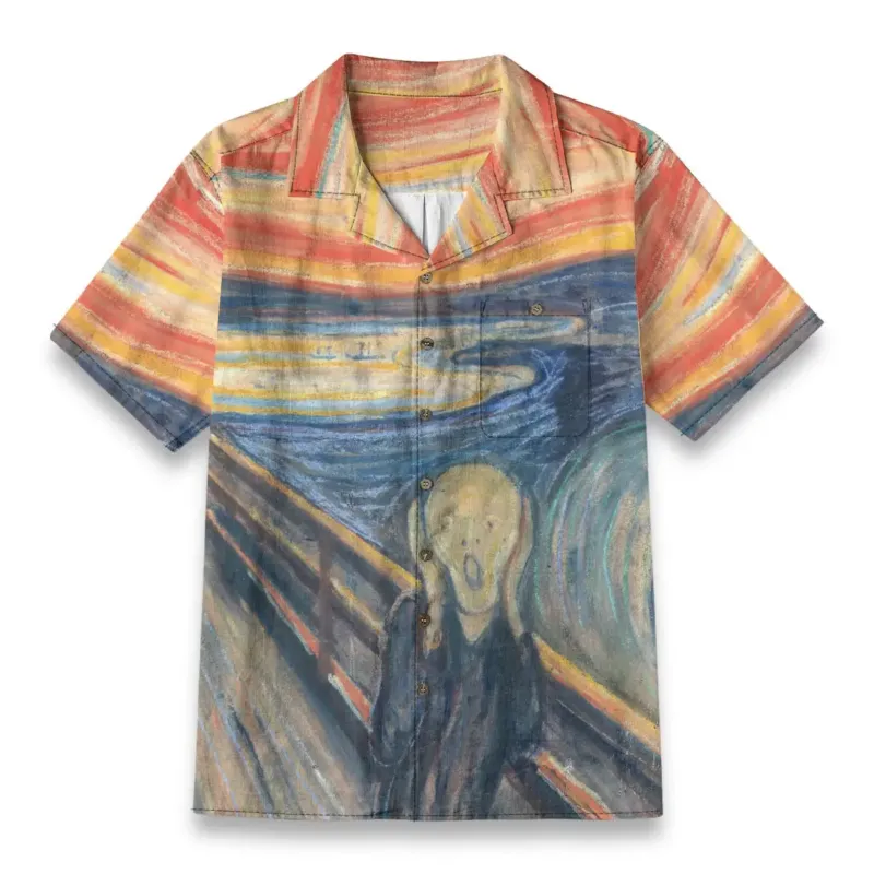 Men wearing expressionist Hawaiian shirt with The Scream print showing Munch's famous psychological artwork