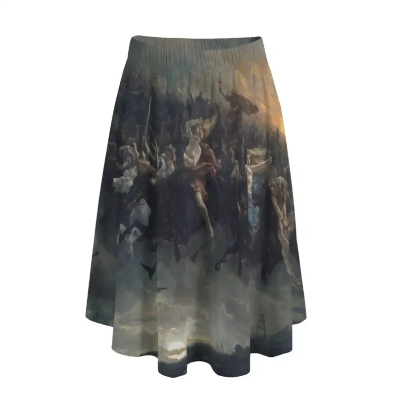 Front view of The Wild Hunt of Odin long skirt with dark Nordic mythology artwork print