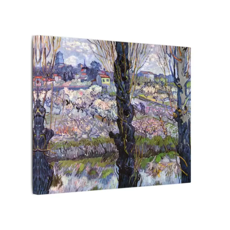 Angled view of View of Arles, Flowering Orchards by Vincent van Gogh stretched canvas with blossoming orchard, trees, and village in the distance