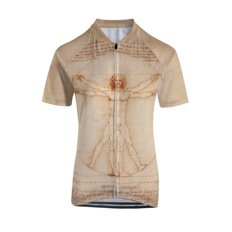 Woman cyclist in perfect form wearing the Vitruvian Man jersey against geometrically striking landscape